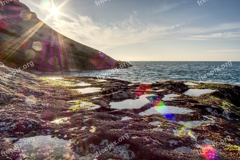 Sea Ocean Rocks Sunset Lens Flare