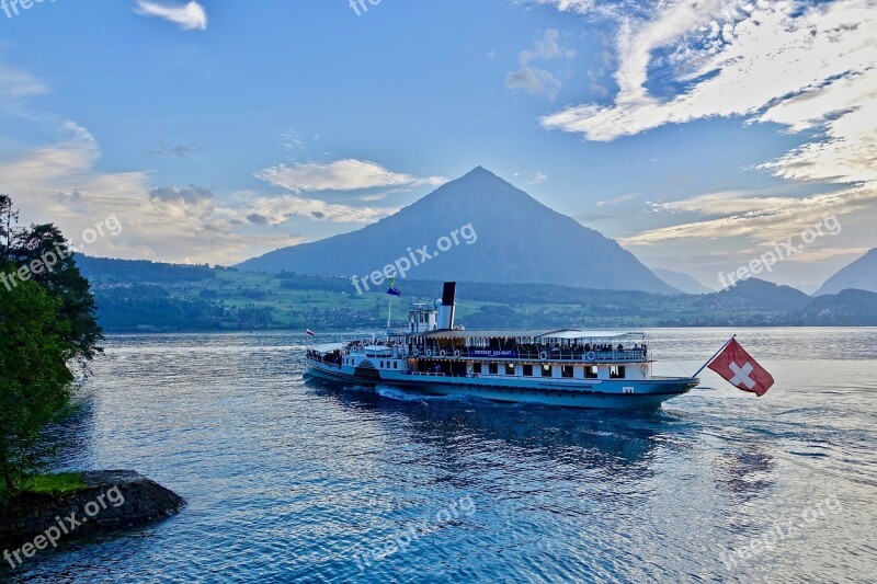 Steamer Paddleboat Switzerland Sunset Mountains