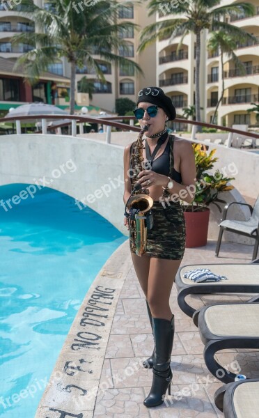 Saxophonist Music Performance Poolside Woman