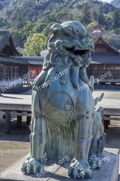 Japan Miyajima Lion Statue Temple