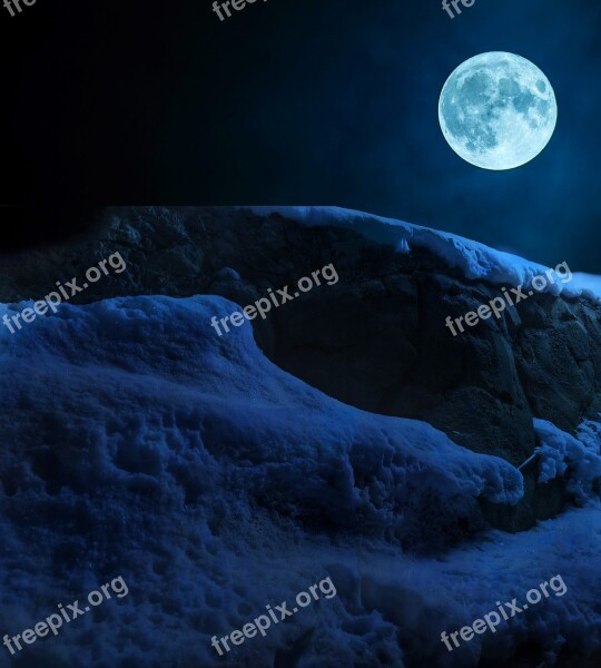 Snow Fullmoon Night Mountain Landscape