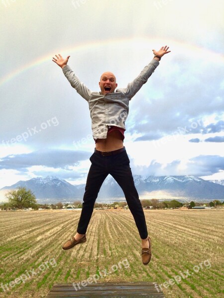 Happy Man Rainbow Jumping Male