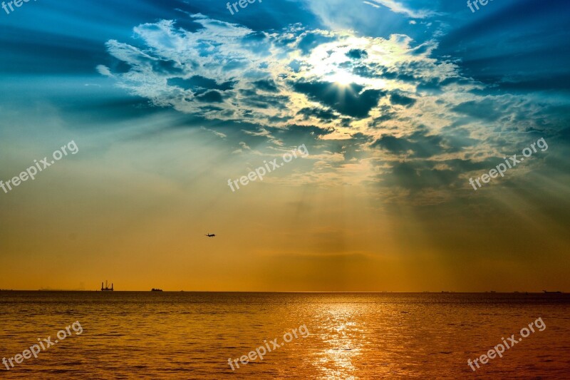 Sun Rays Airplane Sea Sunset Free Photos