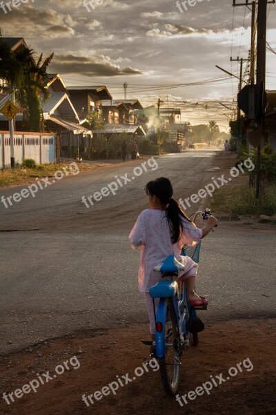 Village Thailand Morning Girl Asia