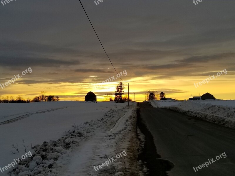 Sunset Winter Farm Barn Clouds