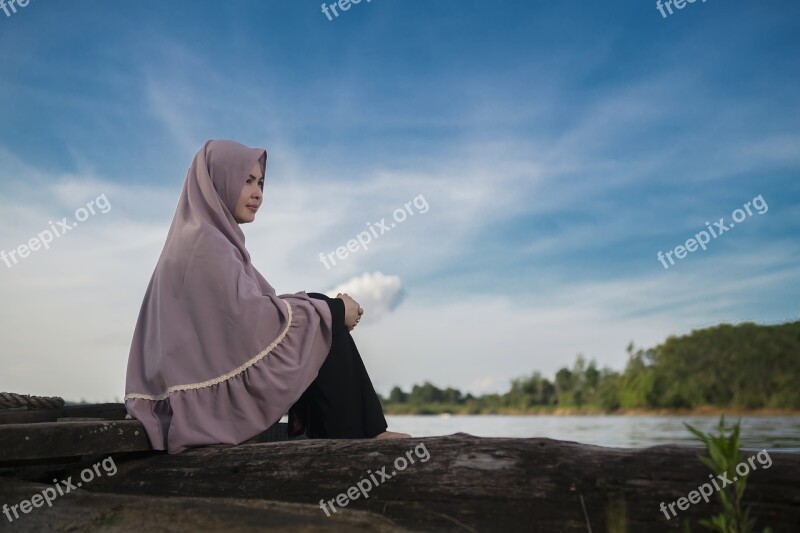 Asian Woman Hijab Natur Sunset Free Photos