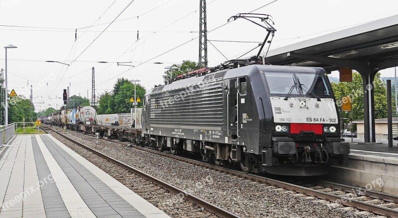 Container Train Freight Train Gleise Rails Electric Locomotive