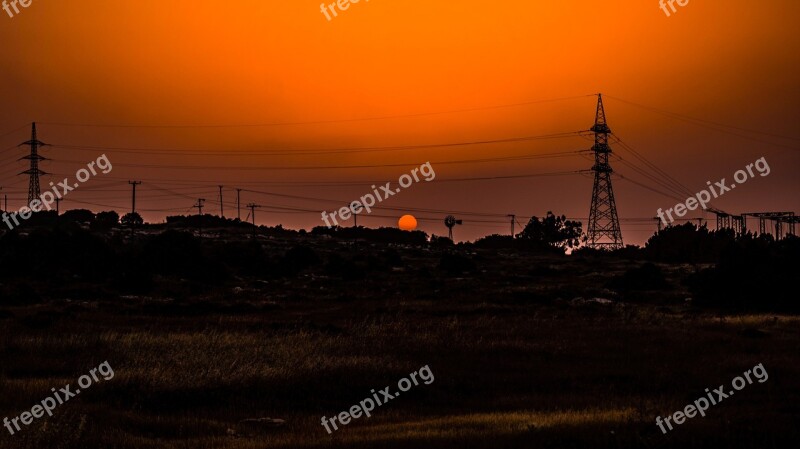 Sunset Landscape Pylons Wires Energy