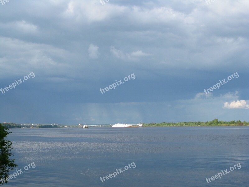 The River Kama Blue Sky Dark Clouds Perm Krai Beach