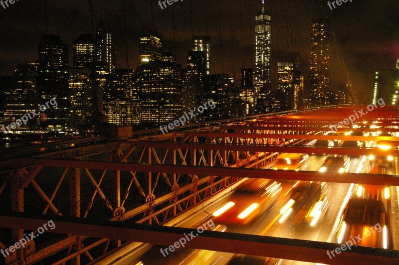 New York Skyline Night Bridge Traffic