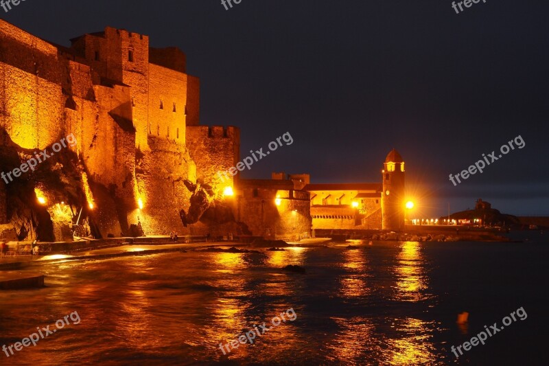 Collioure Night France Port Sea