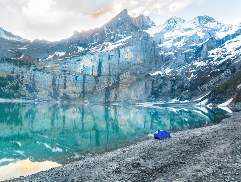 Bergsee Tent Morning Mirroring Mountains