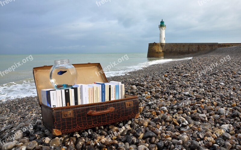 Books Suitcase Novel Lighthouse Coastline