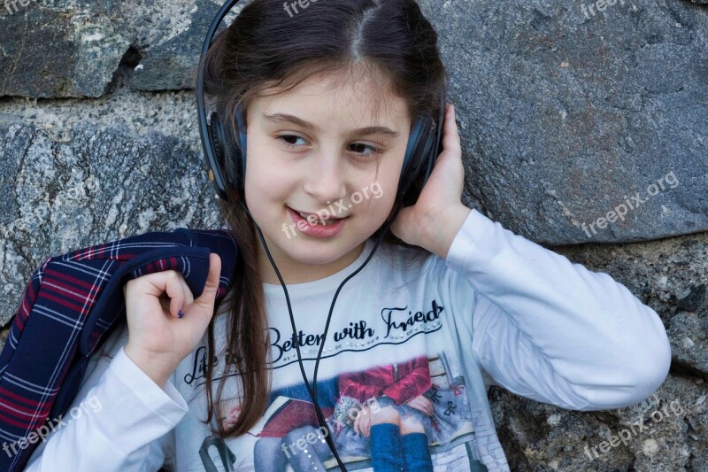 Little Girl Music Headphones Portrait Technology