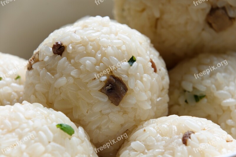 Onigiri Traditional Rice Croquettes A Bowl Of Rice Meat Grains Chives