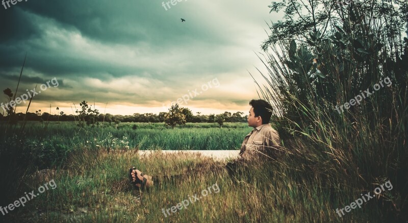 Man Moody Gloomy Person Cloudy Sky