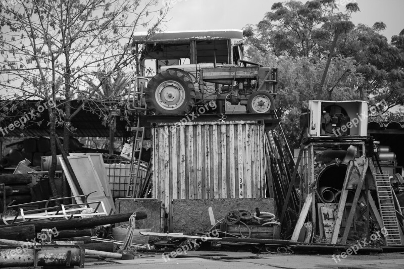 Scrap Bus Tractor Black And White Monochrome Broken