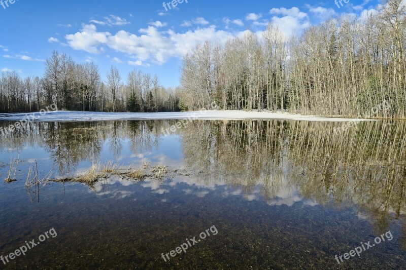 Reflection Water Landscape Snow Melt Hay Field