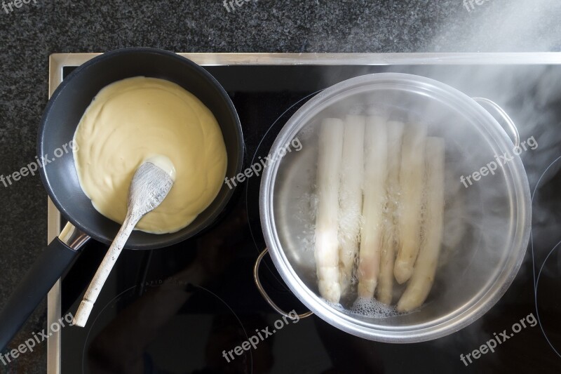 Hollandaise Sauce Pan Wooden Spoon Asparagus Food