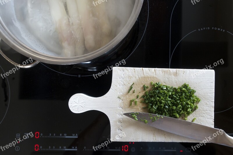 Chives Cut Knife Wooden Board Asparagus