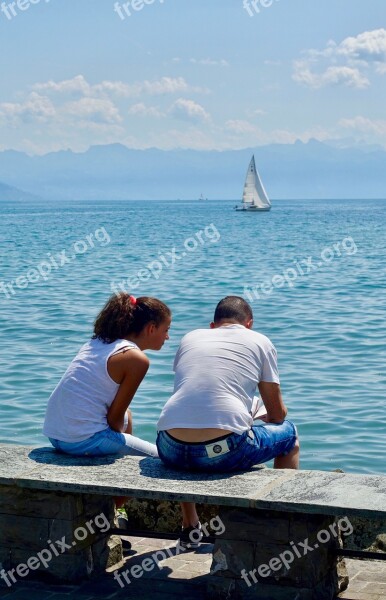 Couple Together Discussion Water Sea