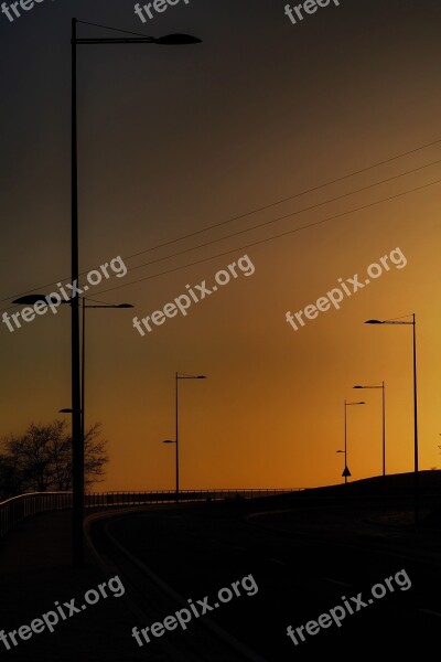 Silhouette Streetlights Sunset Profile Sky