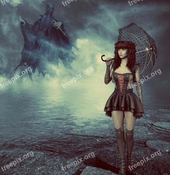 Fantasy Girl Umbrella Water Fog