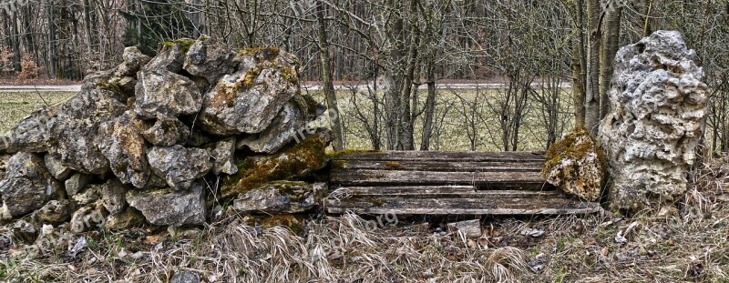 Rock Stones Wooden Bench Old Weathered