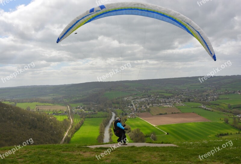 Paragliding Departure Flight Panoramic Views Paraglider Ready To Take Off Sky