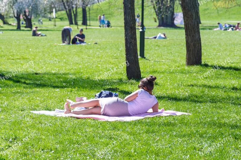 Reclining Woman Holiday In The Park Lawn Field Summer