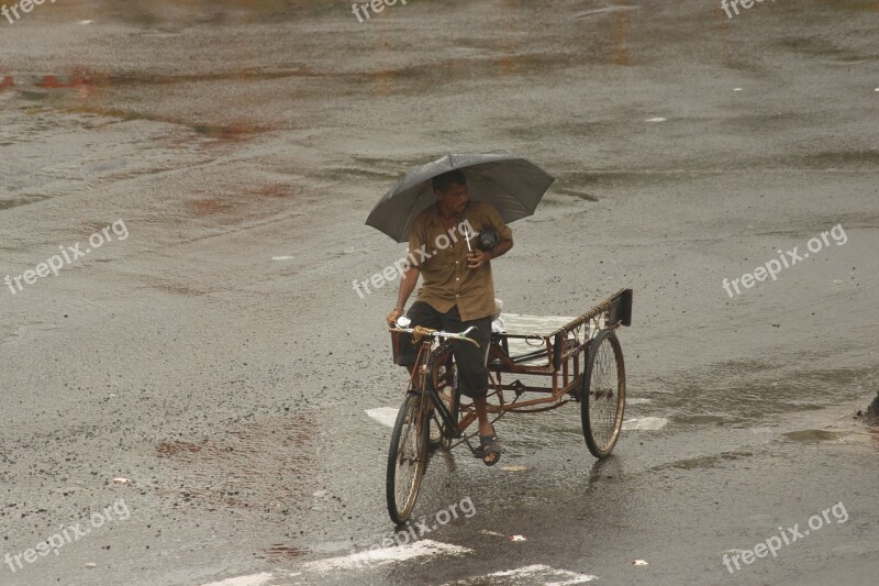 Water Rains Umbrella Man Cycle