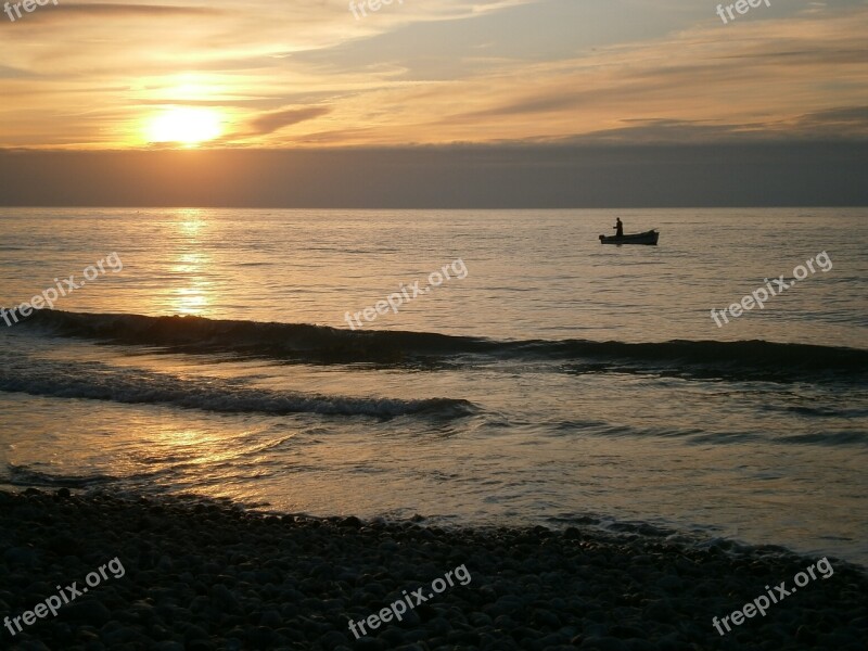 Sunset Boat Little Boat Boating Fish