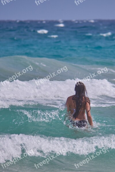 Woman Sea Swim Waves Holiday Water