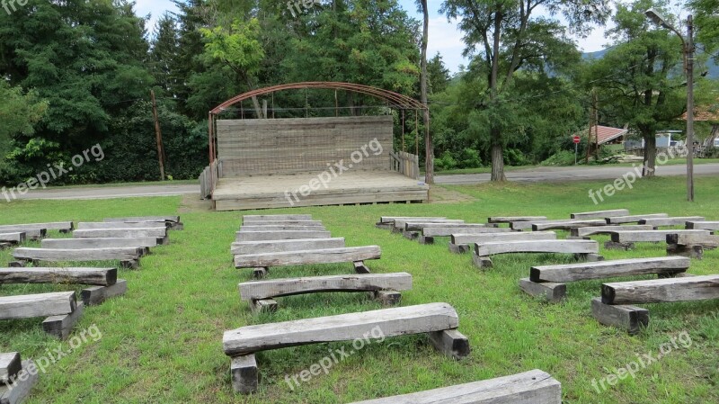 Park Stage Bench Outdoor Theater Grass