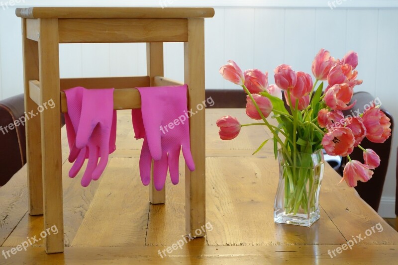 Frühjahrsputz Plaster Gloves Pink Stool Tulips