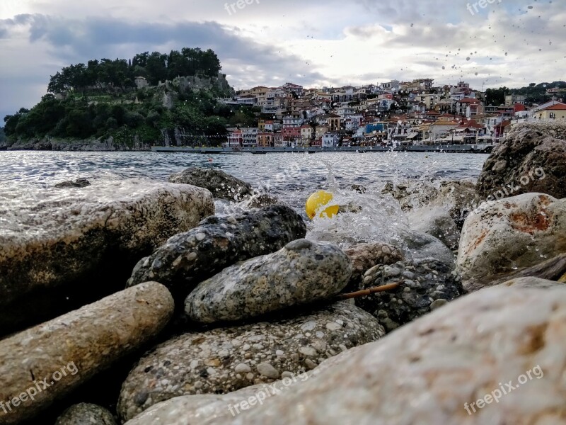 Rocks Sea Wave Homes Clouds